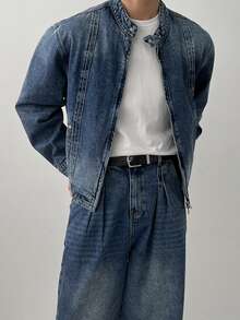 DAZY Spring/Autumn Men's Henley Collar Jacket Style Small Stand Collar Button-Up Blue Washed Distressed Denim Outerwear - Blue - View 3