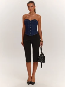 SHEIN BAE Women's Denim Bandeau Sleeveless Asymmetrical Hem Bustier - Blue - View 1