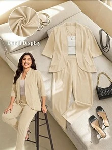 Comfylo Plus Size Women Solid Color 3/4 Sleeve Blazer And Pants 2 Pieces Set, Business Casual Style - Apricot - View 3