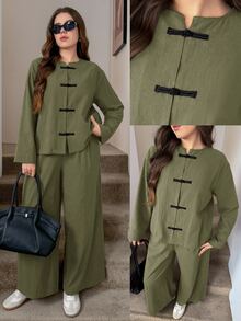 Easowa Curve Women's Plus Size Long Sleeve Loose Casual 2 Pieces Set - Army Green - View 6