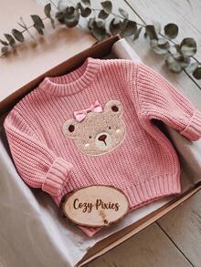 SHEIN Cute Pink Cartoon Bear Pattern Long Sleeve Autumn/Winter Sweater For Baby Girls - Dusty Pink - View 1
