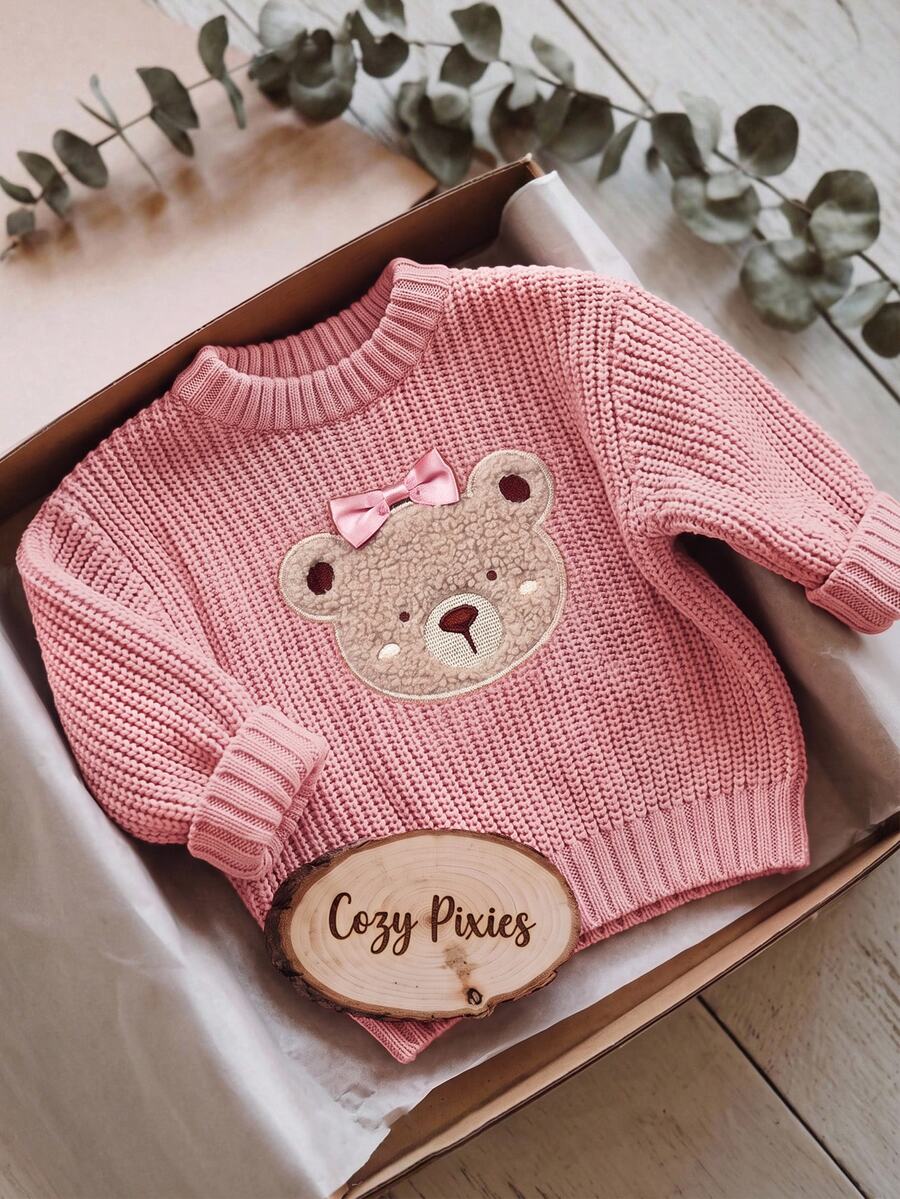 SHEIN Cute Pink Cartoon Bear Pattern Long Sleeve Autumn/Winter Sweater For Baby Girls - Dusty Pink - View 1