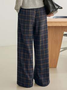 Dazy-Less Autumn/Winter Navy Blue High-Waist Pleated Solid Color Loose Straight Leg Casual Vintage 2000s Versatile Wide Leg Women's Long Pants Plaid Office Work - Navy Blue - View 2