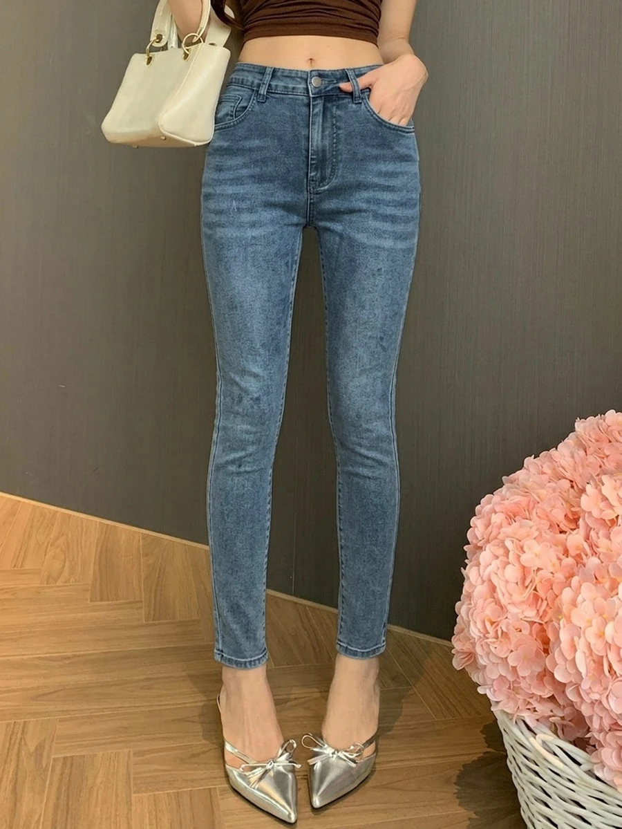 DAZY Fall Korean Style High Waist Blue Washed Distressed Slim Fit Pencil Cropped Jeans For Women Everyday Work Casual - Blue - View 1