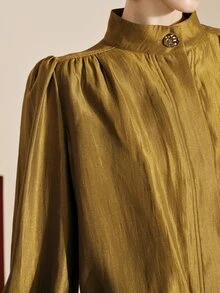 Arave Women's Blouse Puff Sleeve Loose Pleated Metallic Texture Retro Stand Collar Gold Button Puff Shoulder Hidden Placket Elegant Gold Blouse Commuting - Mustard Yellow - View 4