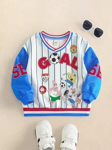 SpongeBob SquarePants | SHEIN Young Boy Cartoon Print Striped Long Sleeve Sweatshirt - Blue - View 1