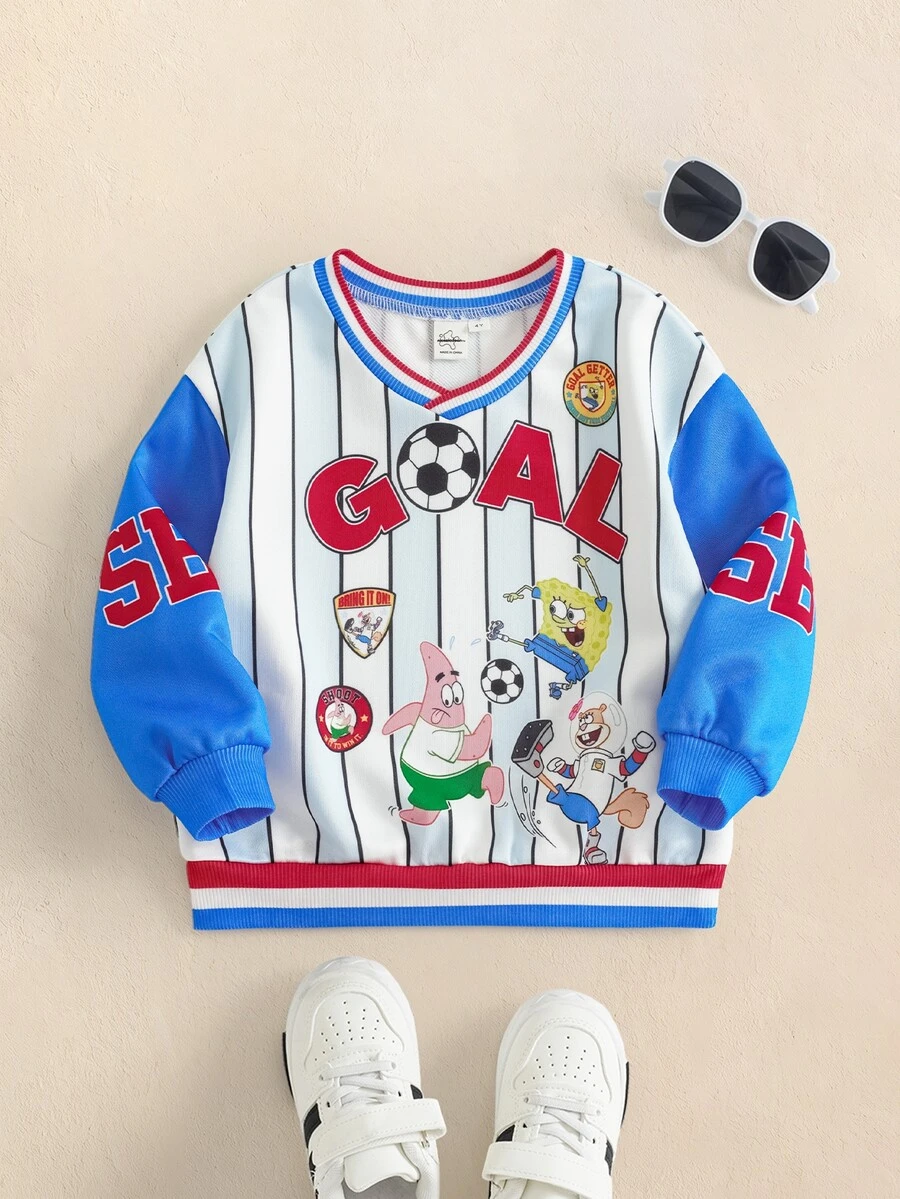 SpongeBob SquarePants | SHEIN Young Boy Cartoon Print Striped Long Sleeve Sweatshirt - Blue - View 1