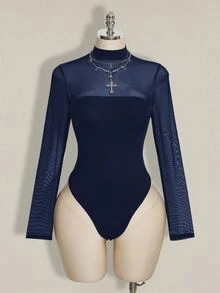 SHEIN ICON Plus Size Mesh Patchwork Y2K Sexy Bodysuit - Navy Blue - View 1