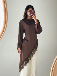 Aloruh قميص بني بأكمام طويلة مع تطريز دانتيل وحاشية طويلة جداً وخصر غير متماثل للتنقل اليومي بأسلوب بسيط - قهوة بني - مشاهدة 7