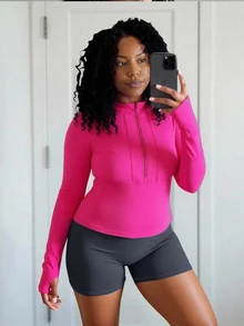 SHEIN Core Rhythm Plus Size Women Solid Color Patchwork Long Sleeve Short Zipper Slim Fit Sports Jacket - Hot Pink - View 3