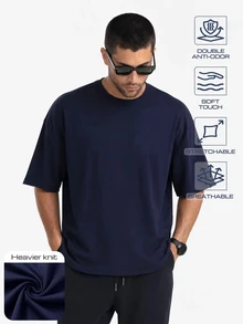 TekDrob Double Anti-Odor Heavy Viscose T-Shirt With Oversize Fit And Crew Neck - Navy Blue - View 1