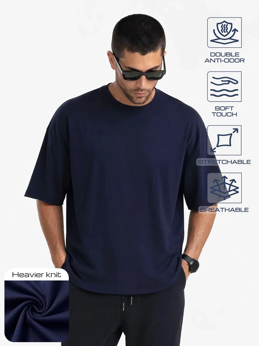 TekDrob Double Anti-Odor Heavy Viscose T-Shirt With Oversize Fit And Crew Neck - Navy Blue - View 1