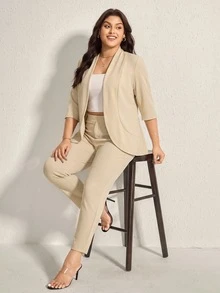 Comfylo Plus Size Women Solid Color 3/4 Sleeve Blazer And Pants 2 Pieces Set, Business Casual Style - Apricot - View 1