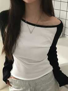 DAZY 女款不對稱肩拼接配色長袖韓系清新女孩毛衣 - 寶藍色 - 查看 4