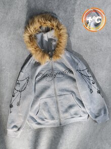 SHEIN 兒童青少年男孩休閒運動抓絨領連帽外套，灰色花卉圖案，秋季復古風，男孩夾克，冬季上衣，冬季外套，冬季穿搭 - 灰色 - 查看 3