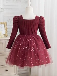 SHEIN Elladie kids Young Girl Young Girl) 珍珠網紗針織長袖上衣，方領設計，腰部飾有珍珠飾邊與大尺寸 3D 蝴蝶結，裙襬附 - 紅色 - 查看 2