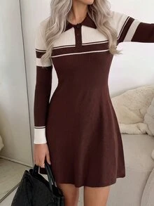 Easowa Women's Fashion Striped Colorblock Long Sleeve Sweater Dress - Brown - View 2