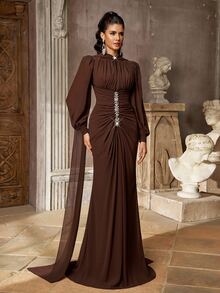 Aureia Elegant Chiffon Pleated Rhinestone Decor Cinched Waist Dress Suitable For Weddings, Parties - Khaki - View 7