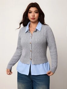 Enliva كارديجان نسائي بمقاس كبير محبوك بتصميم كابل مع ياقة وأساور متباينة الألوان، كنزة صوفية علوية بأزرار أمامية للخريف والشتاء - رمادي - مشاهدة 6