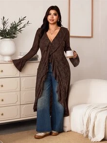 Enliva Plus Size Women's Lace Longline Cardigan Open Front Ruffle Bell Sleeve Duster Halloween Inspired Boho Witchy Cover Up Flattering Compatible With Apple Shape - Brown - View 4