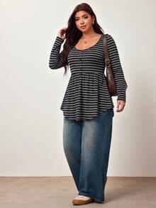 Enliva Plus Size Women's Striped Casual Everyday Stretch Long-Sleeve T-Shirt Apple,Rounded Body - Multicolor - View 7