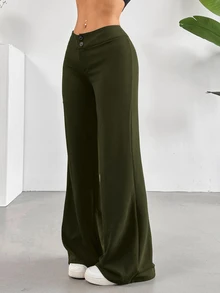 SHEIN Tall CURVE 女款大尺碼休閒極簡寬腿長褲 秋季 - 墨綠色 - 查看 5