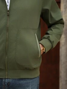 Manfinity Homme 男士純色翻領長袖前拉鍊夾克 - 軍綠色 - 查看 3