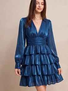 BELROSIE 法式風格V領甜美碎花度假短款層次雪紡長袖蛋糕裙女款迷你洋裝 - 寶藍色 - 查看 6