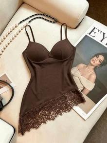 Cévolie European & American Style Single Lace Patchwork Camisole Camisole Women's Base Layer Top - Coffee Brown - View 3