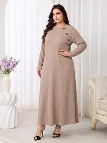 Veilorie Plus Size Women Solid Color Casual Daily Long Sleeve Sweatshirt - Khaki - View 2