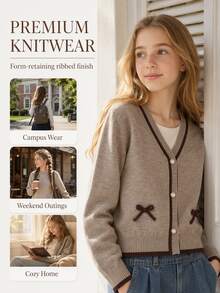Jaket Sweater Pendek Anak Perempuan dengan Trim Kontras, Hiasan Pita, Leher V, dan Kancing Mutiara. - Unta - View 6