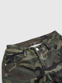 ROMWE Summer Y2K Hot Girl All-Match Versatile Retro Ultra Low Waist Denim Skinny Mid-Length Shorts - Army Green - View 3