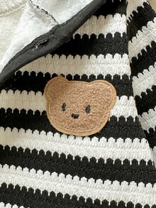 SHEIN Vintaside Kids 男嬰秋冬休閒條紋連帽長袖開襟外套 日常戶外穿搭 熊圖案 灰色卡其色 印花棉襖夾克 - 黑與白 - 查看 6