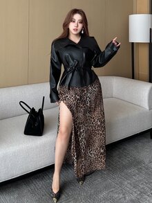 Dazy Plus 大尺碼女款純色腰部打結時尚百搭長袖夾克外套 - 黑色 - 查看 1