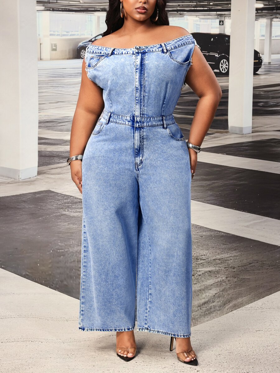 Slaydiva Summer New Off-Shoulder Loose Plus Size Denim Jumpsuit - Blue - View 1