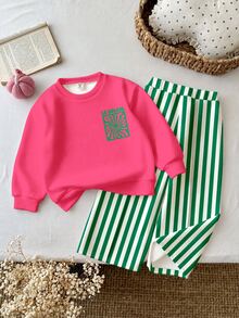 THE HAPPY LOOK Baby Girl Soft Letter Print Long Sleeve Crew Neck Sweatshirt And Striped Wide Leg Autumn Pants Set Streetwear - Multicolor - View 2
