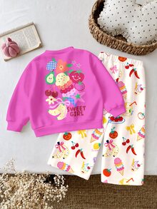 Young Girl Cute Nordic Style Dopamine Fun Fruit & Floral Pattern, Casual Loose Drop Shoulder Long Sleeve Sweatshirt & Pleated Wide Leg Sweatpants Set With Fleece Lining - Multicolor - View 5