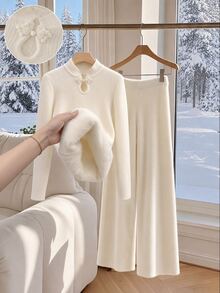 SHEIN Franclia New Chinese Style Stand Collar Frog Button Long Sleeve Sweater Set, Slim Fit Ribbed Two Pieces Set, Autumn/Winter Beige Drape Wide Leg Pants, Fashionable Gentle Sweater Two Pieces Set - White - View 1