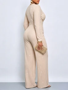 SOLERSUN Plus Size Women's Autumn/Winter Casual Commute Party Textured Elastic Sequin Fabric Round Neck Long Sleeve Ruched Wide Leg Jumpsuit Fall - Apricot - View 5