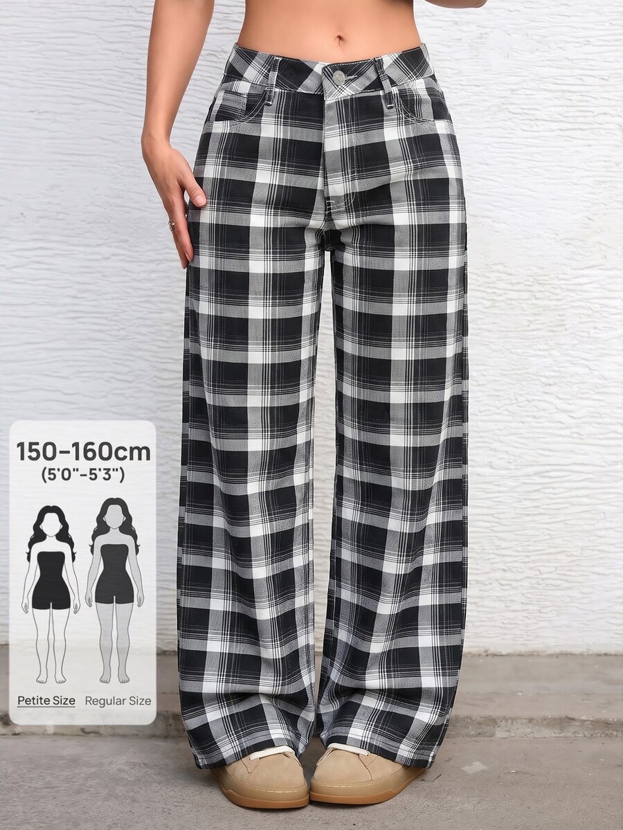 Jeanoix Petite Women's Streetwear Button Pocket Plaid Y2K Denim Jeans - Multicolor - View 1