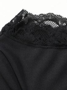 LUMIGAL Women's Elegant Casual Daily Commute Asymmetrical Shoulder Patchwork Ruffle Long Sleeve Elastic Slim Fit Flare Leg Black Jumpsuit - Black - View 9