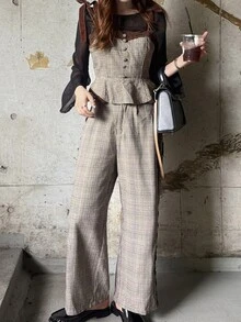 FRIFUL Women's Lace Patchwork Top & Pants Casual Daily Two Pieces Set - Brown - View 1