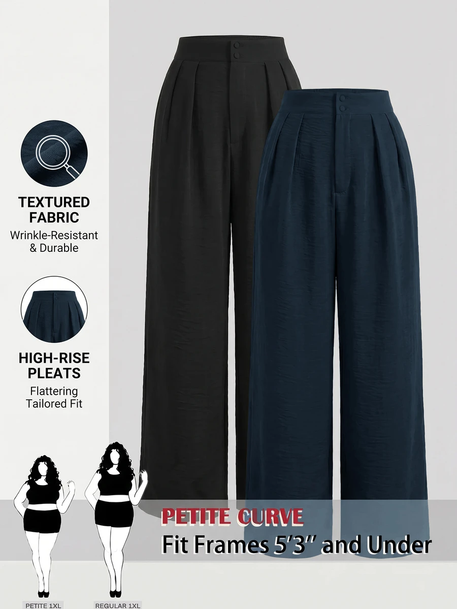 SHEIN PETITE CURVE 大尺碼直筒高腰素色百褶長褲 - 彩色 - 查看 1