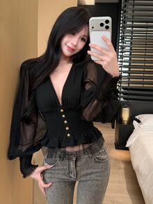 Joudiya Solid Plunging Neck Lantern Sleeve Shirred Waist Ruffle Hem Tee - Black - View 8