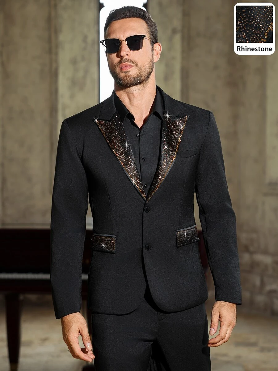Manfinity Mode Men's Single-Breasted Suit Jacket With Rhinestones And Matching Pants, Autumn, Elegant, Party, Suitable For Business, Banquets, And Ceremonies, Formal - Black - View 1