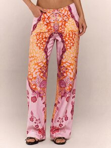 MUSERA 孔雀印花繫帶直筒印花牛仔褲 Coo 秋季 - 粉色 - 查看 4