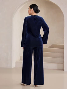 Graceveil Navy Blue Ribbed Velvet Crew Neck Long Sleeve Top & Pearl Waistband Wide Leg Pants Two Pieces Set - Royal Blue - View 2