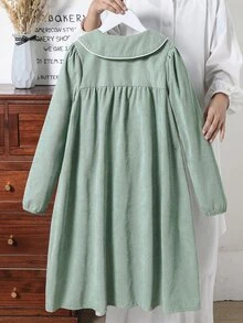 SHEIN Vintaside Kids 女童春秋鼠尾草綠溫柔風鄉村復古簡約羅紋刺繡長袖洋裝，修身優雅，適合海灘派對 - 薄荷綠 - 查看 2