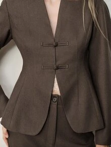 Aveloria Modichic Elegant Autumn/Winter Fashion Solid Color Diagonal Stripe Button Decor V-Neck Blazer With Pants Women Suit Set Office Dinner Dark Brown - Coffee Brown - View 4