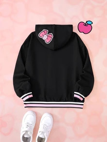 HELLO KITTY AND FRIENDS | SHEIN Jaket Berkerudung dengan Resleting Bergambar Kartun untuk Remaja Perempuan - Hitam - View 2